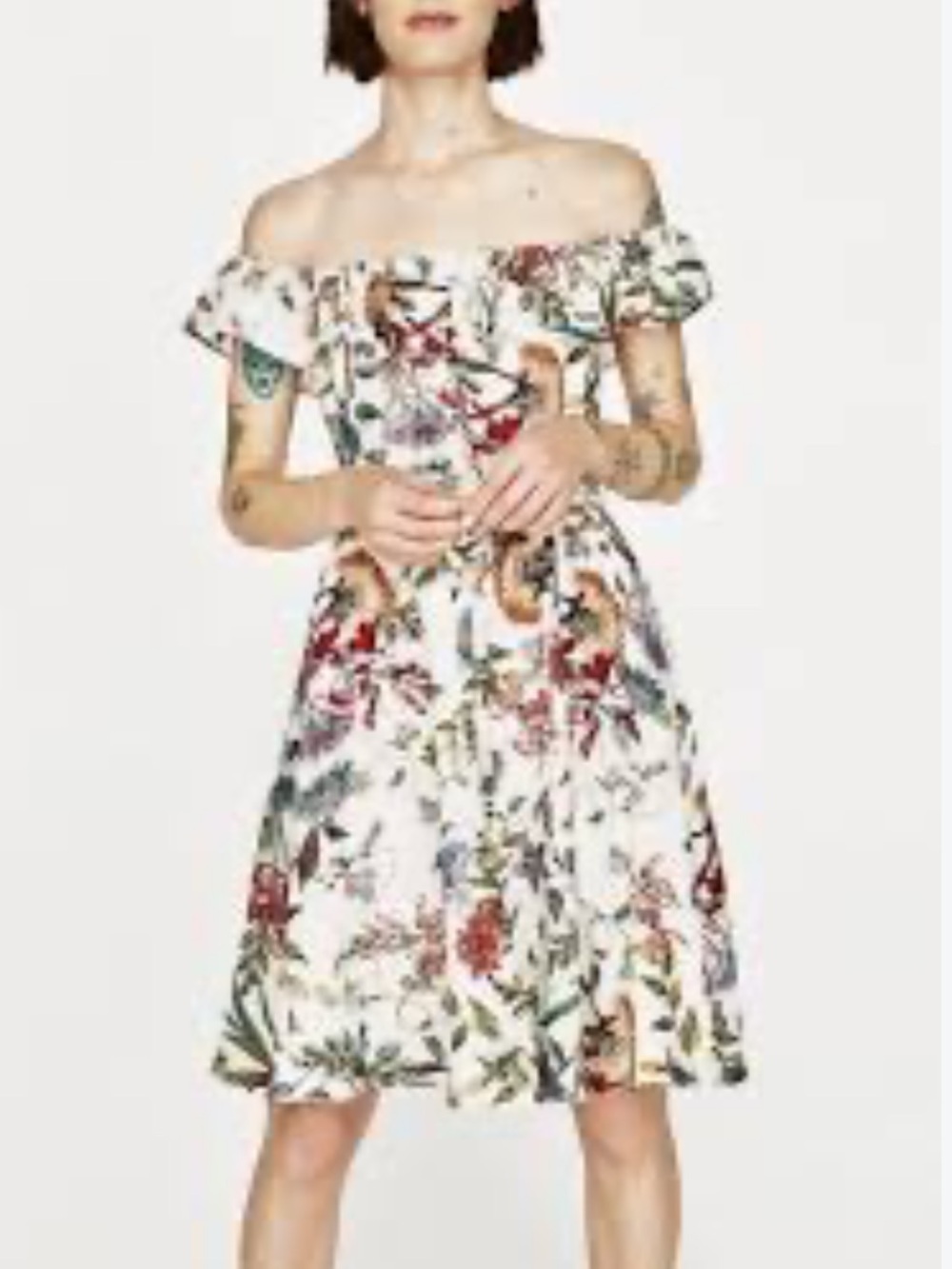 Zara White Off- Shoulder Floral Midi Dress